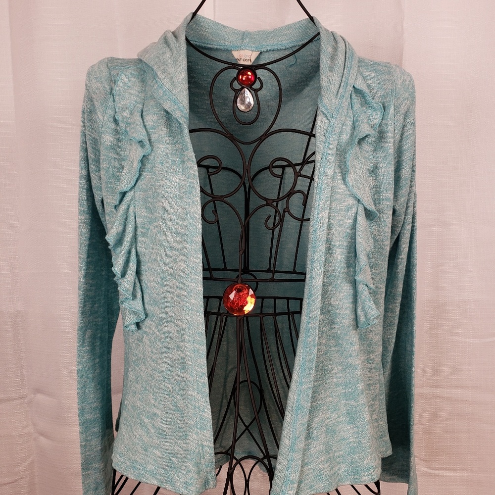 Self Esteem blue green button up Cardigan w Ruffle